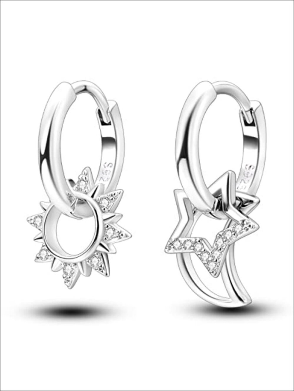 925 Sterling Silver Sun and Moon Hoop Earrings Hinged Hoop Women